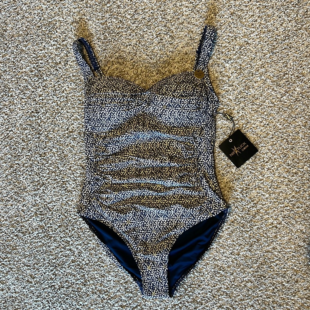 Nip Tuck Swim NWT Size 6 one piece, navy print w/gold accent detail ADORABLE